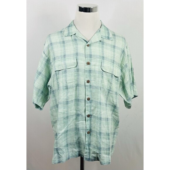 Tommy Bahama Large Vintage Loop Collar Board Shirt 100% Linen Green Blue Plaid - Picture 2 of 4